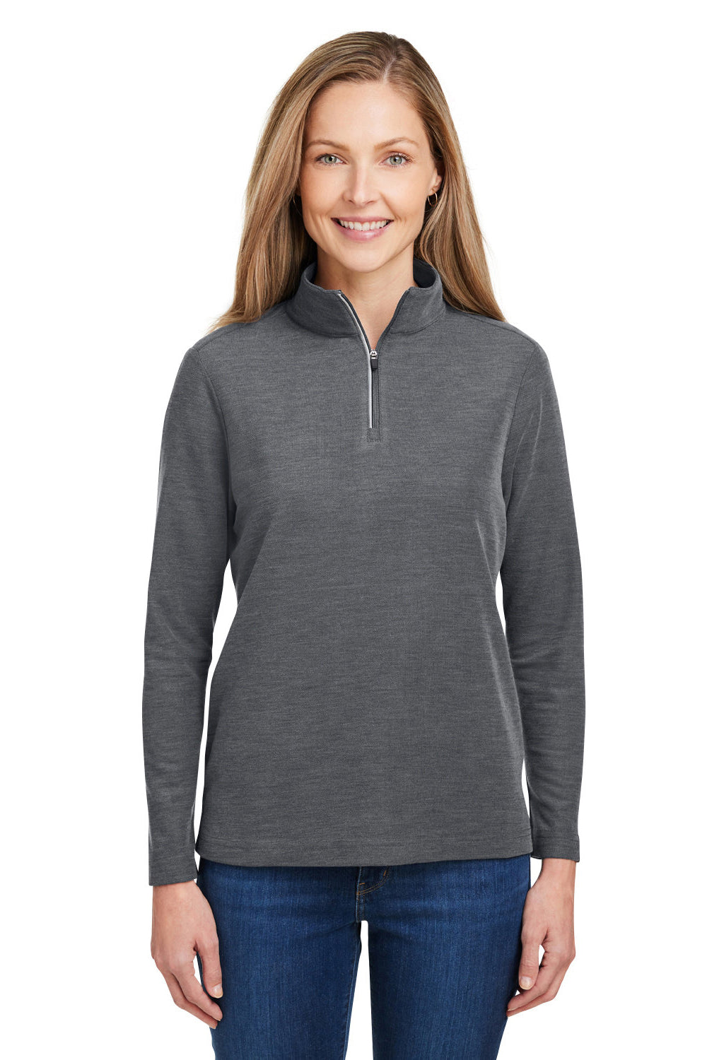 Core 365 CE405W Womens Fusion ChromaSoft Performance Moisture Wicking Pique 1/4 Zip Sweatshirt Heather Carbon Grey Model Front