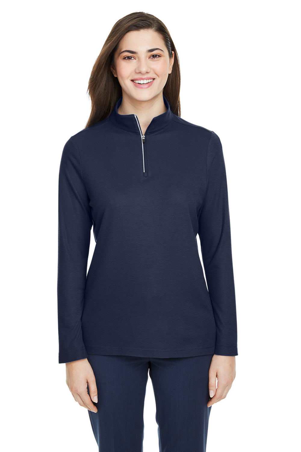 Core 365 CE405W Womens Fusion ChromaSoft Performance Moisture Wicking Pique 1/4 Zip Sweatshirt Classic Navy Blue Model Front