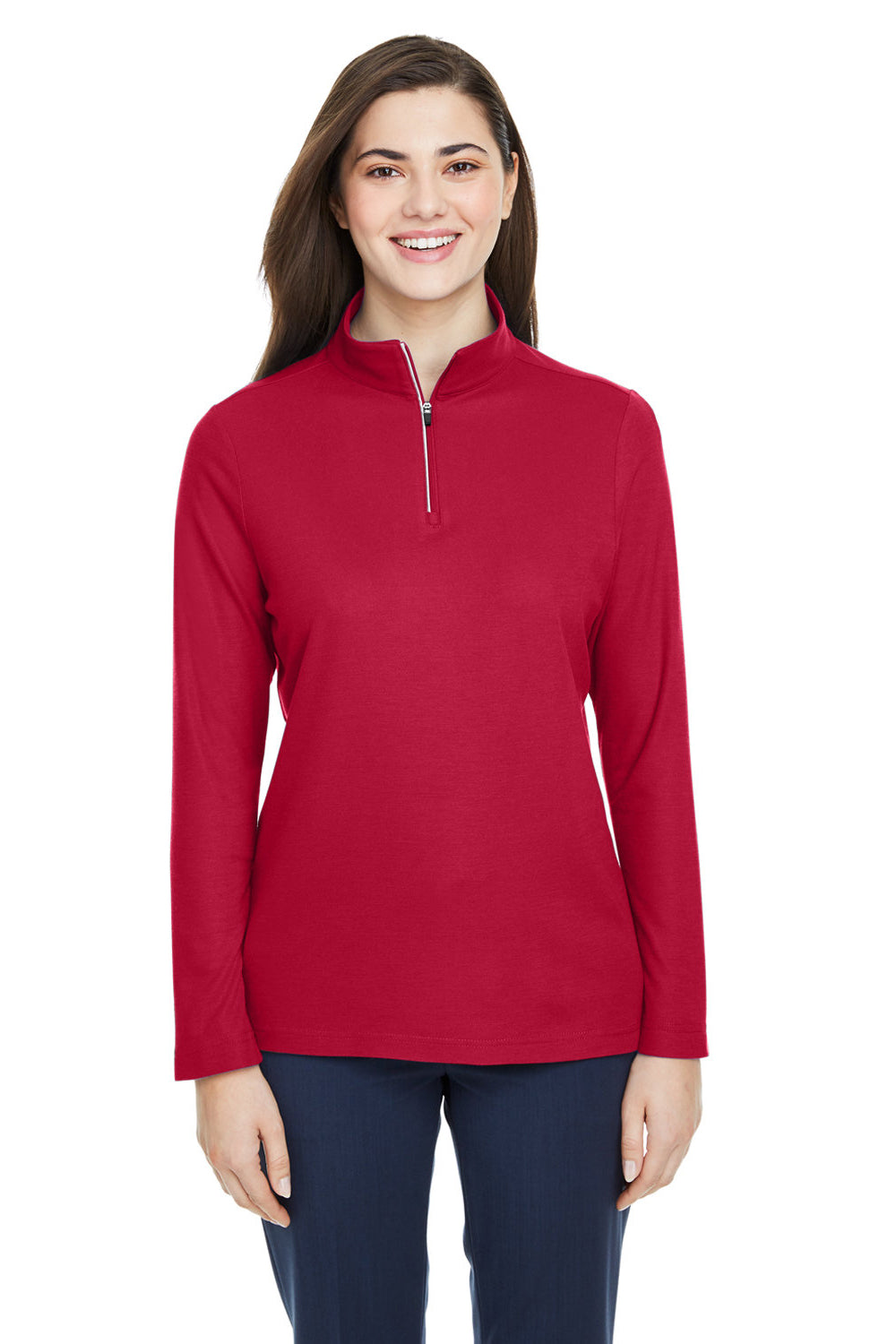 Core 365 CE405W Womens Fusion ChromaSoft Performance Moisture Wicking Pique 1/4 Zip Sweatshirt Classic Red Model Front