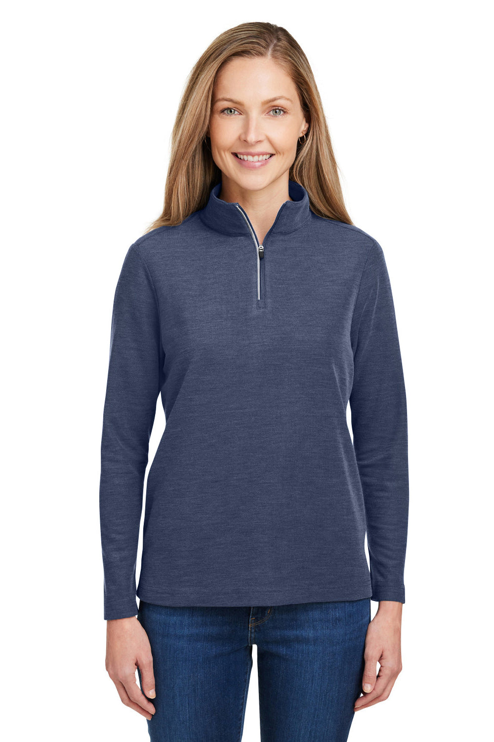 Core 365 CE405W Womens Fusion ChromaSoft Performance Moisture Wicking Pique 1/4 Zip Sweatshirt Heather Classic Navy Blue Model Front