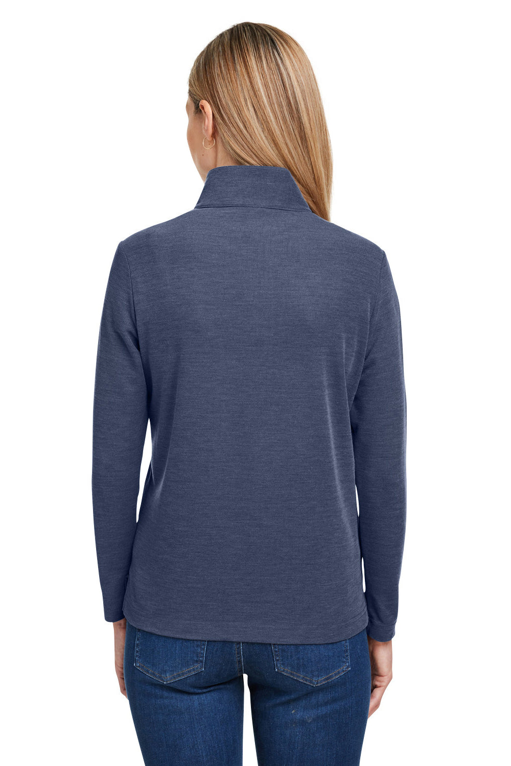 Core 365 CE405W Womens Fusion ChromaSoft Performance Moisture Wicking Pique 1/4 Zip Sweatshirt Heather Classic Navy Blue Model Back