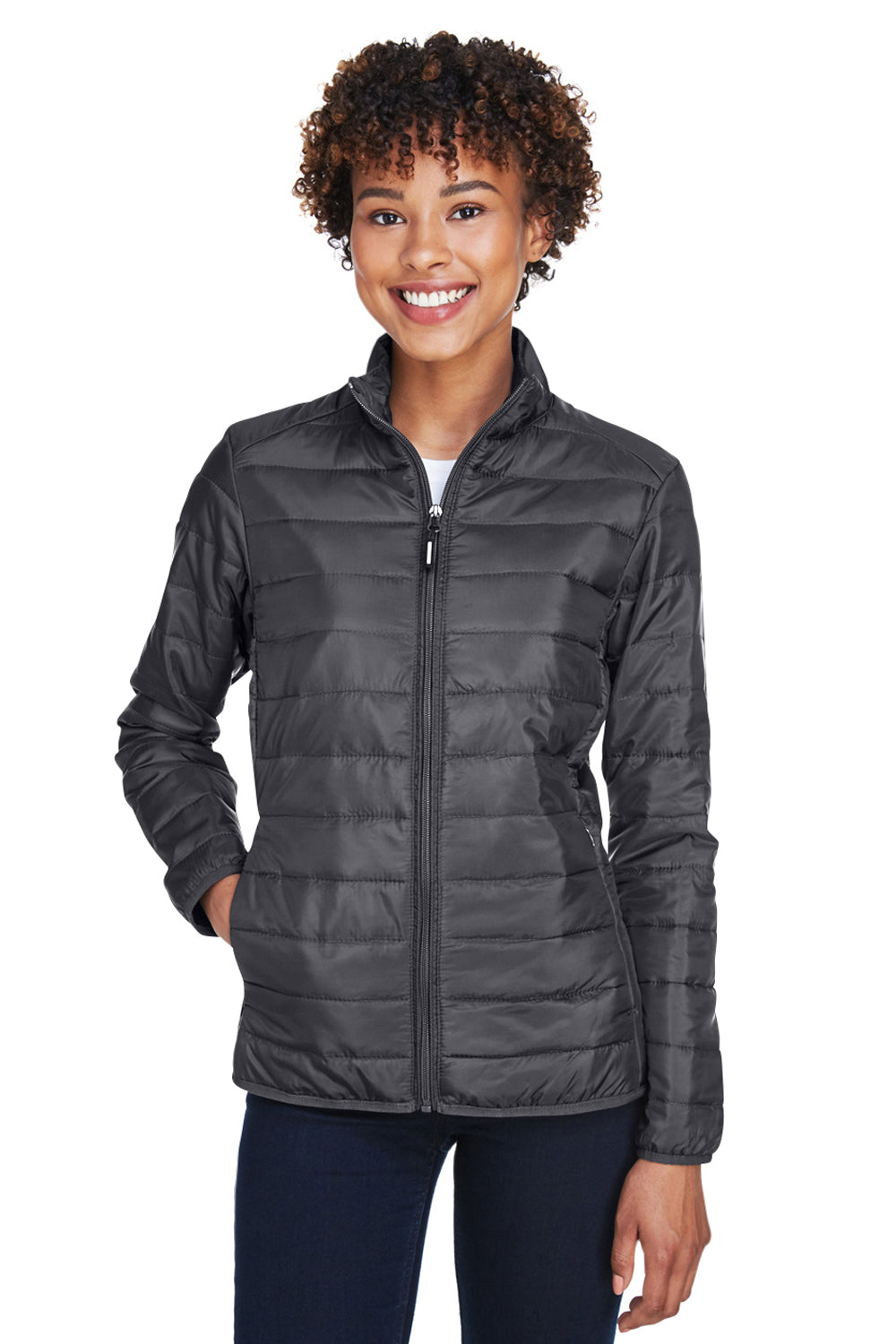 Core 365 CE700W Womens Prevail Packable Puffer Water Resistant Full Zip Jacket Carbon Grey Model Front