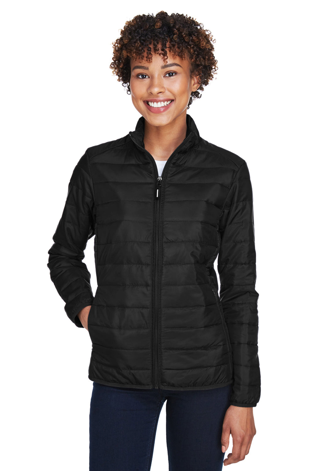 Core 365 CE700W Womens Prevail Packable Puffer Water Resistant Full Zip Jacket Black Model Front