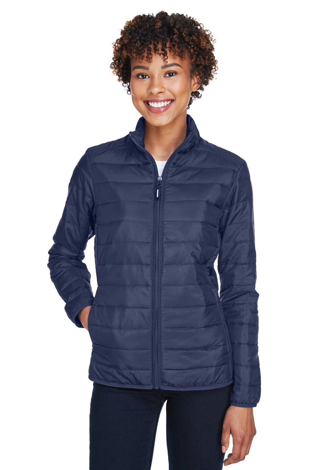 Core 365 CE700W Womens Prevail Packable Puffer Water Resistant Full Zip Jacket Classic Navy Blue Model Front