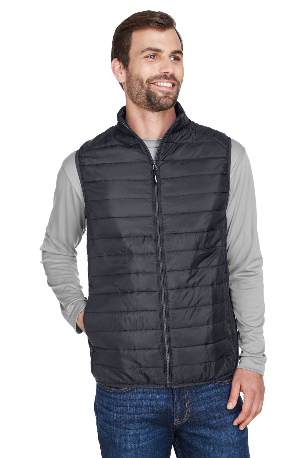 Core 365 CE702 Mens Prevail Packable Puffer Water Resistant Full Zip Vest Carbon Grey Model Front