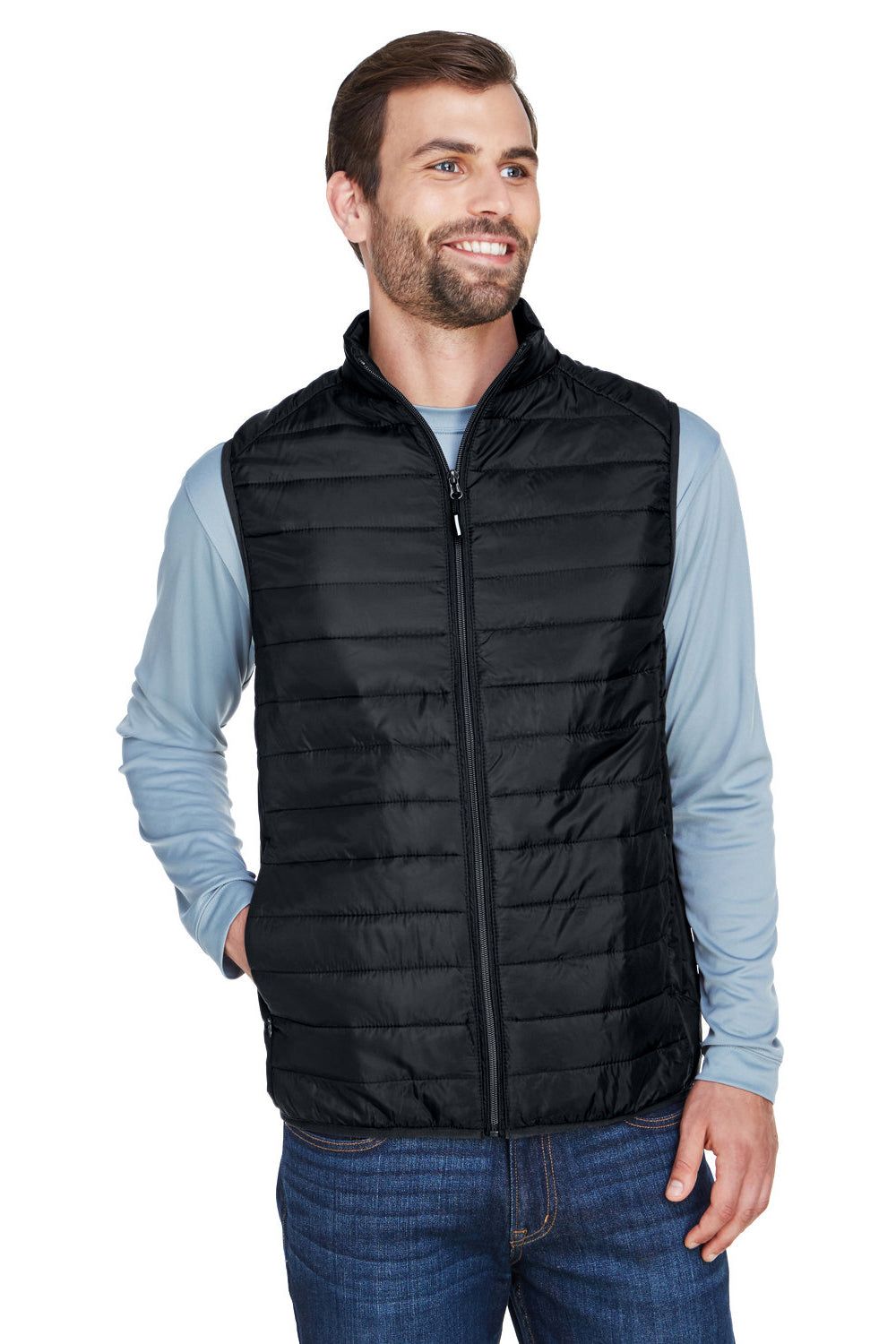 Core 365 CE702 Mens Prevail Packable Puffer Water Resistant Full Zip Vest Black Model Front