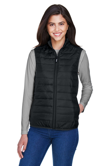 Core 365 CE702W Womens Prevail Packable Puffer Water Resistant Full Zip Vest Black Model Front