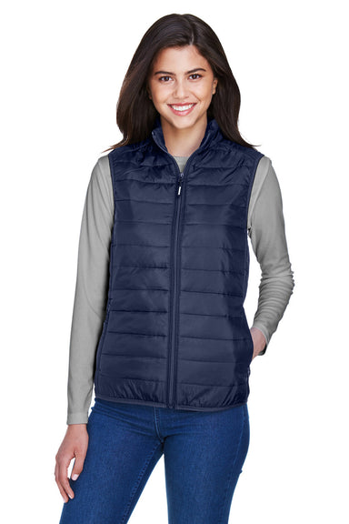 Core 365 CE702W Womens Prevail Packable Puffer Water Resistant Full Zip Vest Classic Navy Blue Model Front