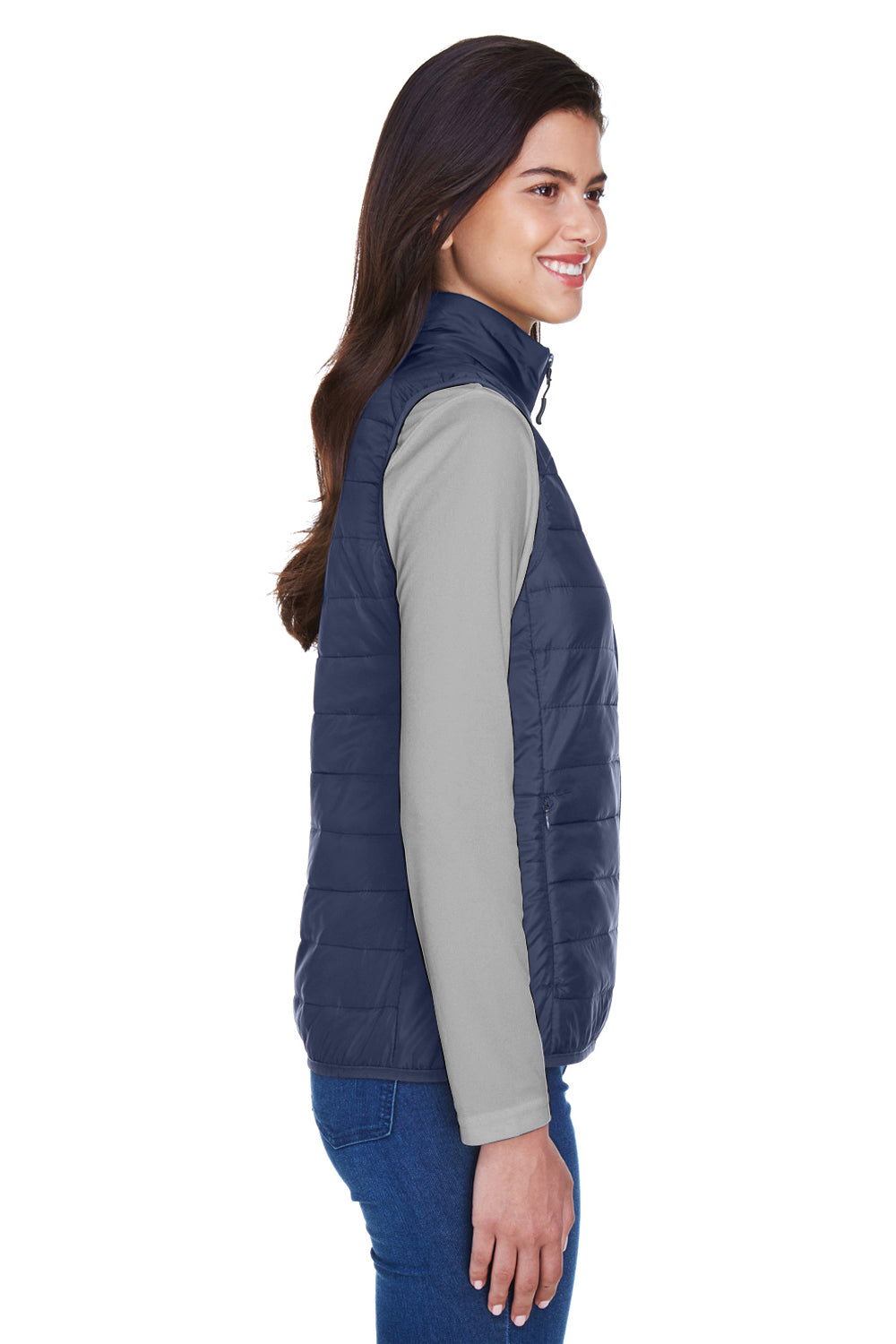 Core 365 CE702W Womens Prevail Packable Puffer Water Resistant Full Zip Vest Classic Navy Blue Model Side