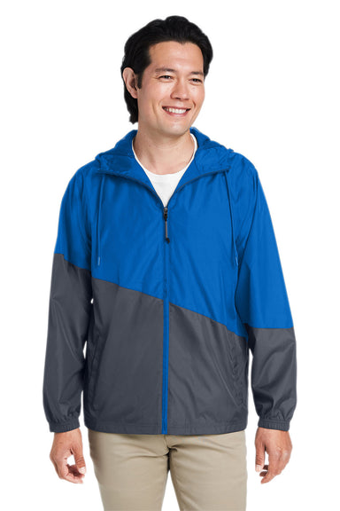 Core 365 CE710 Mens Techno Lite Water Resistant Colorblock Full Zip Hooded Windbreaker Jacket True Royal Blue/Carbon Grey Model Front