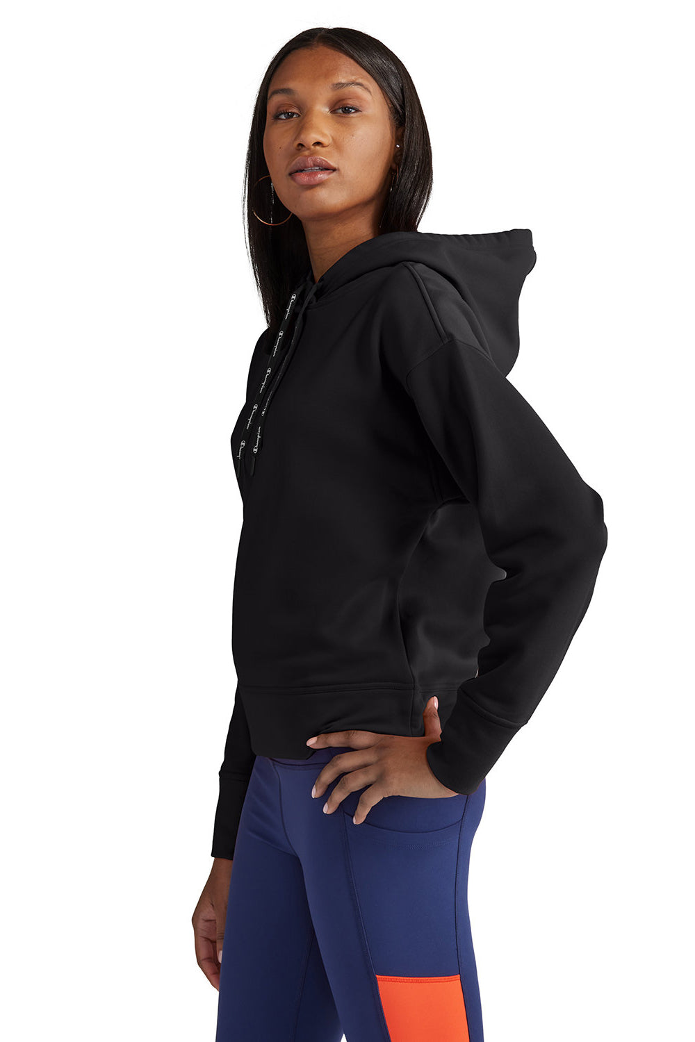 Champion CHP100 Womens Sport Hooded Sweatshirt Hoodie Black Model Side