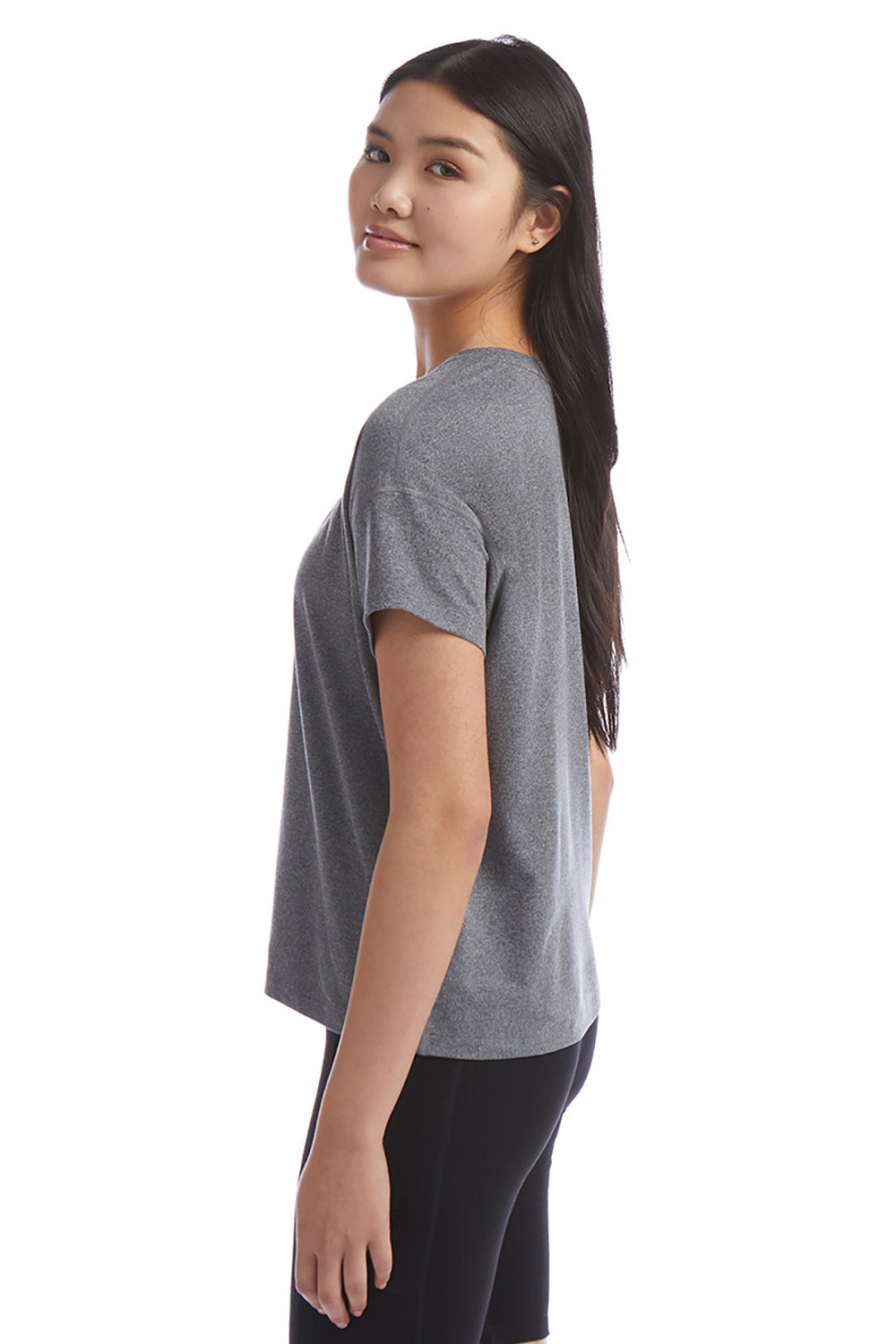 Champion CHP130 Womens Sport Soft Touch Short Sleeve Crewneck T-Shirt Heather Grey Model Side