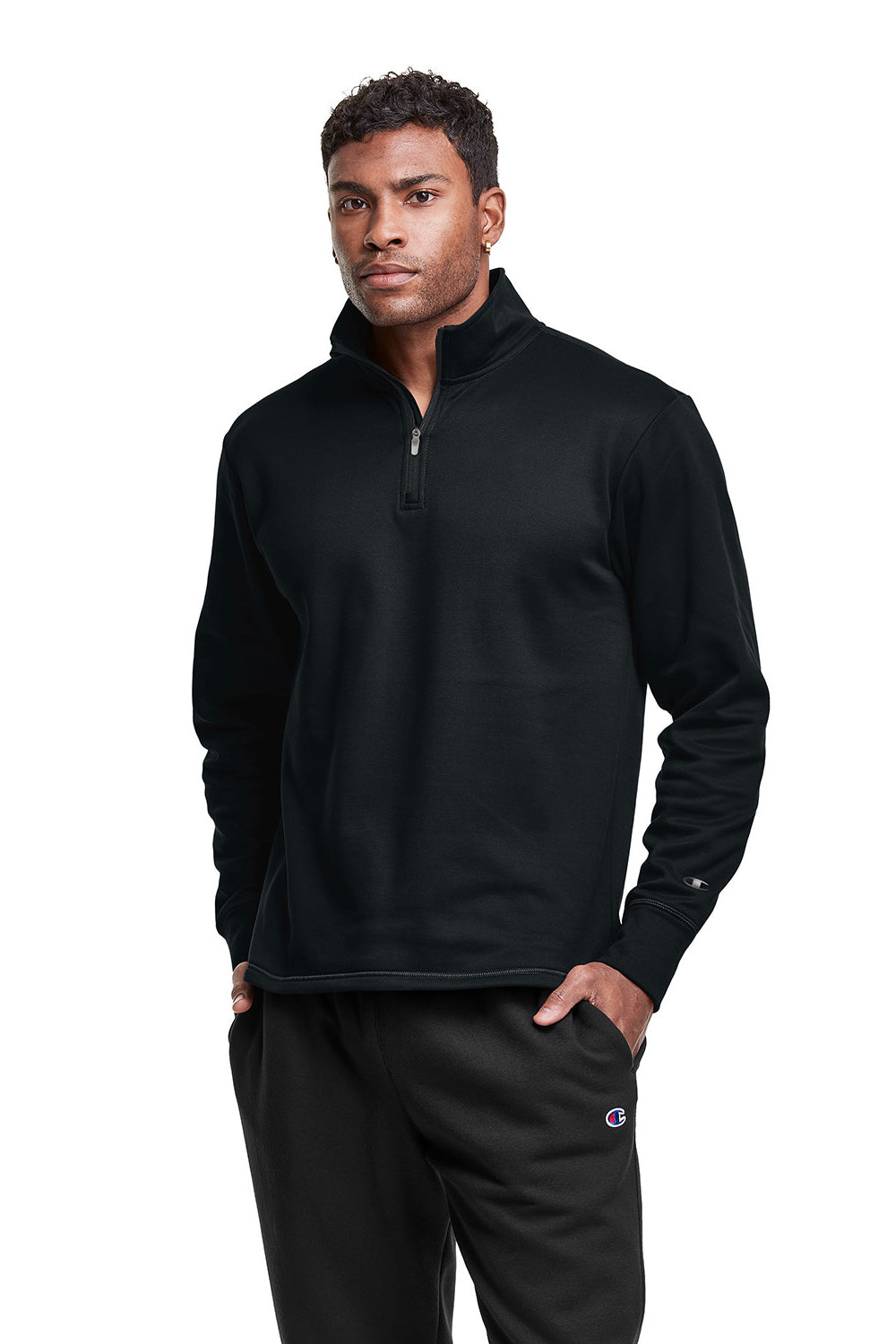 Champion CHP190 Mens Sport 1/4 Zip Pullover Black Model Front