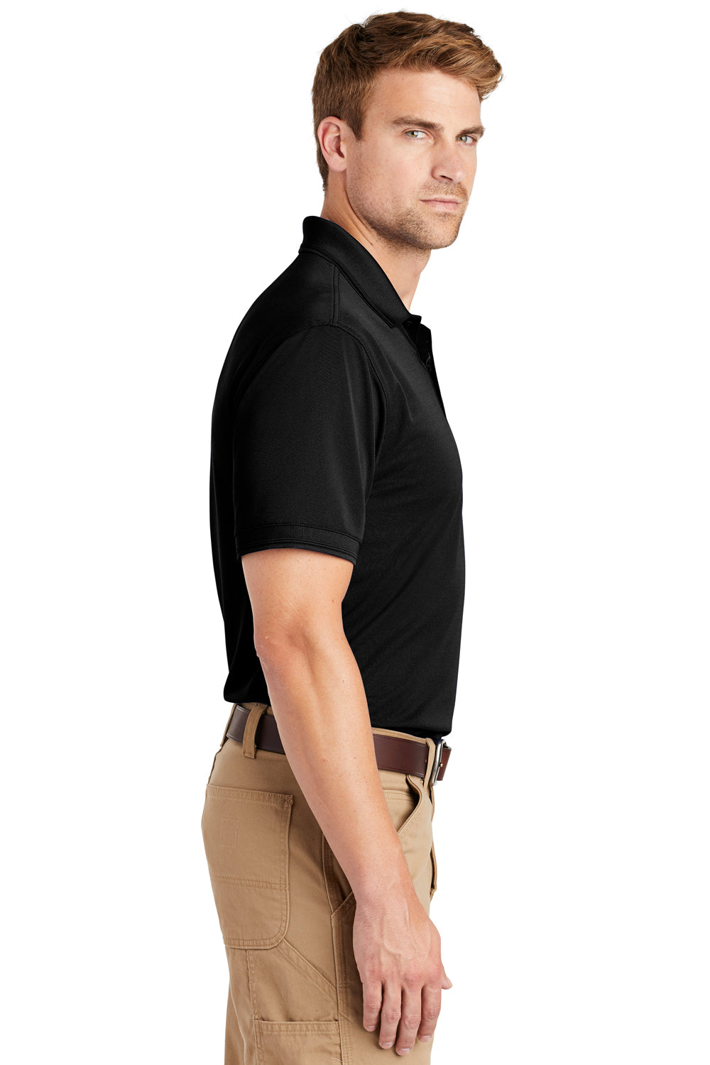 CornerStone CS4020 Mens Industrial Moisture Wicking Short Sleeve Polo Shirt Black Model Side