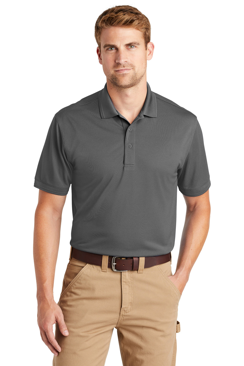 CornerStone CS4020 Mens Industrial Moisture Wicking Short Sleeve Polo Shirt Charcoal Grey Model Front