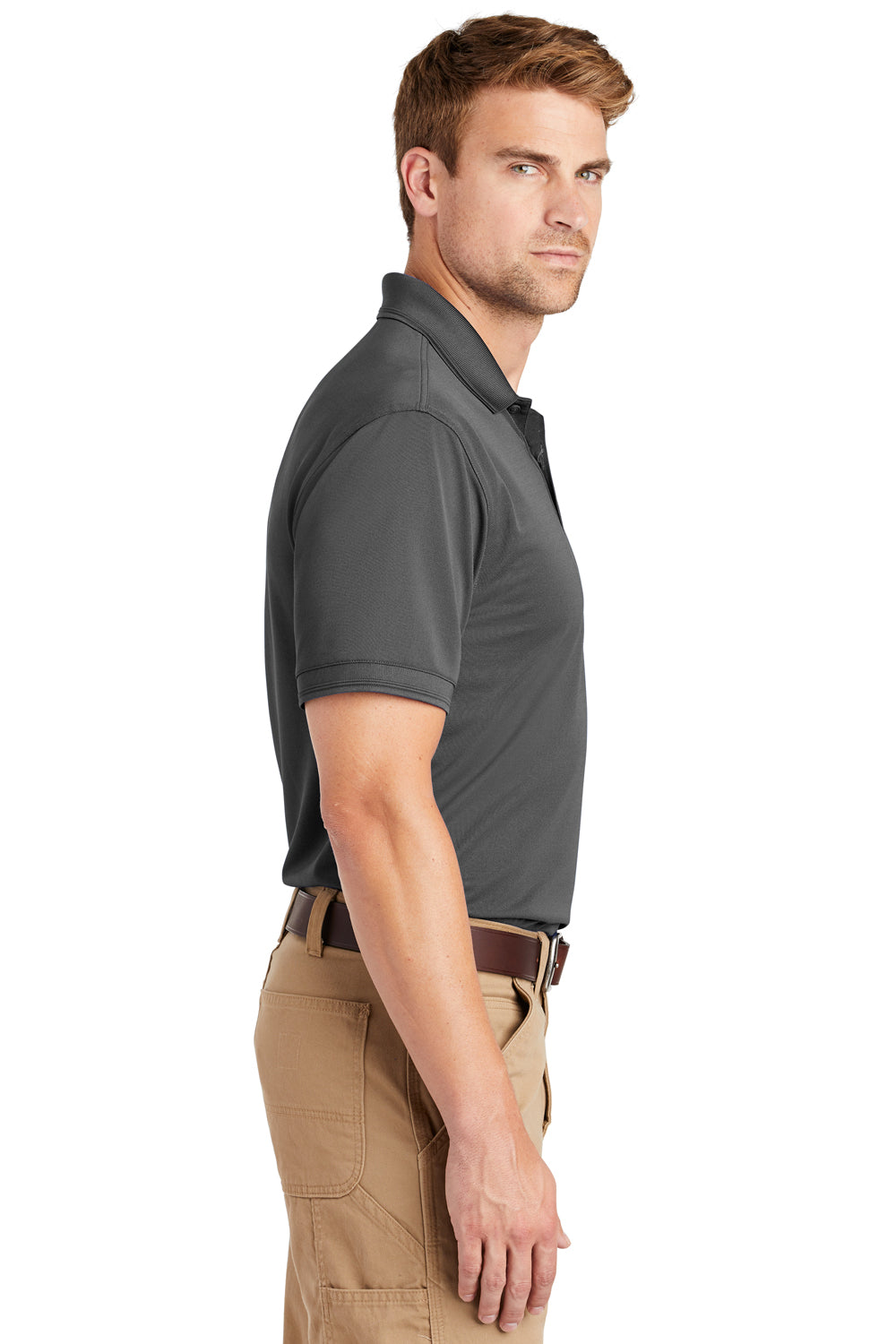 CornerStone CS4020 Mens Industrial Moisture Wicking Short Sleeve Polo Shirt Charcoal Grey Model Side