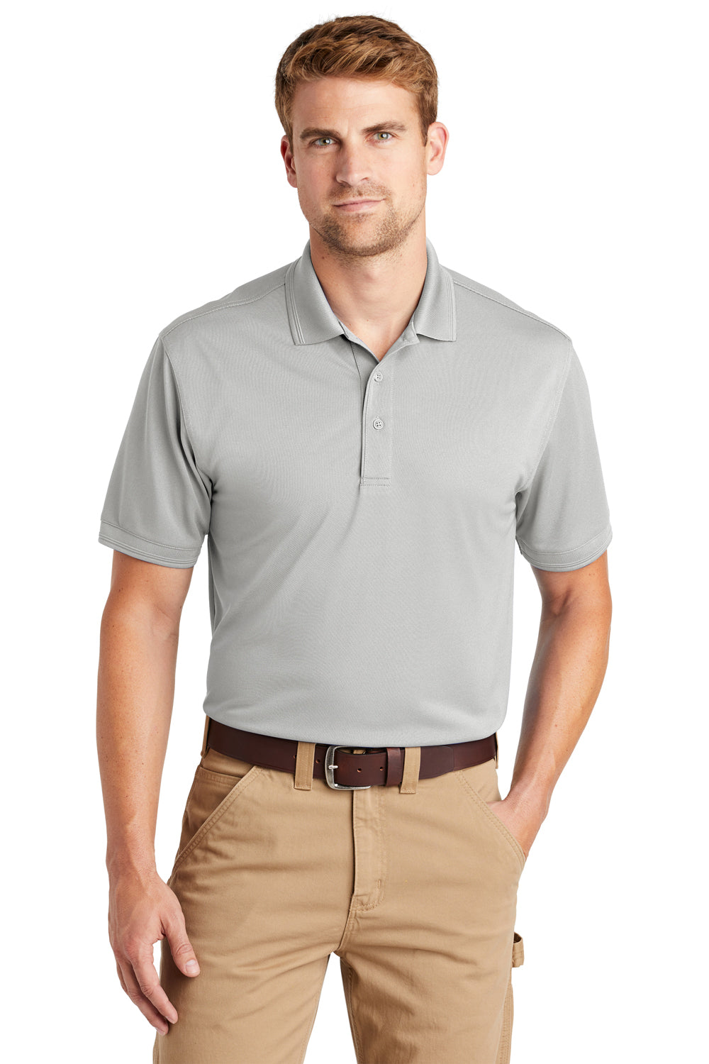 CornerStone CS4020 Mens Industrial Moisture Wicking Short Sleeve Polo Shirt Light Grey Model Front