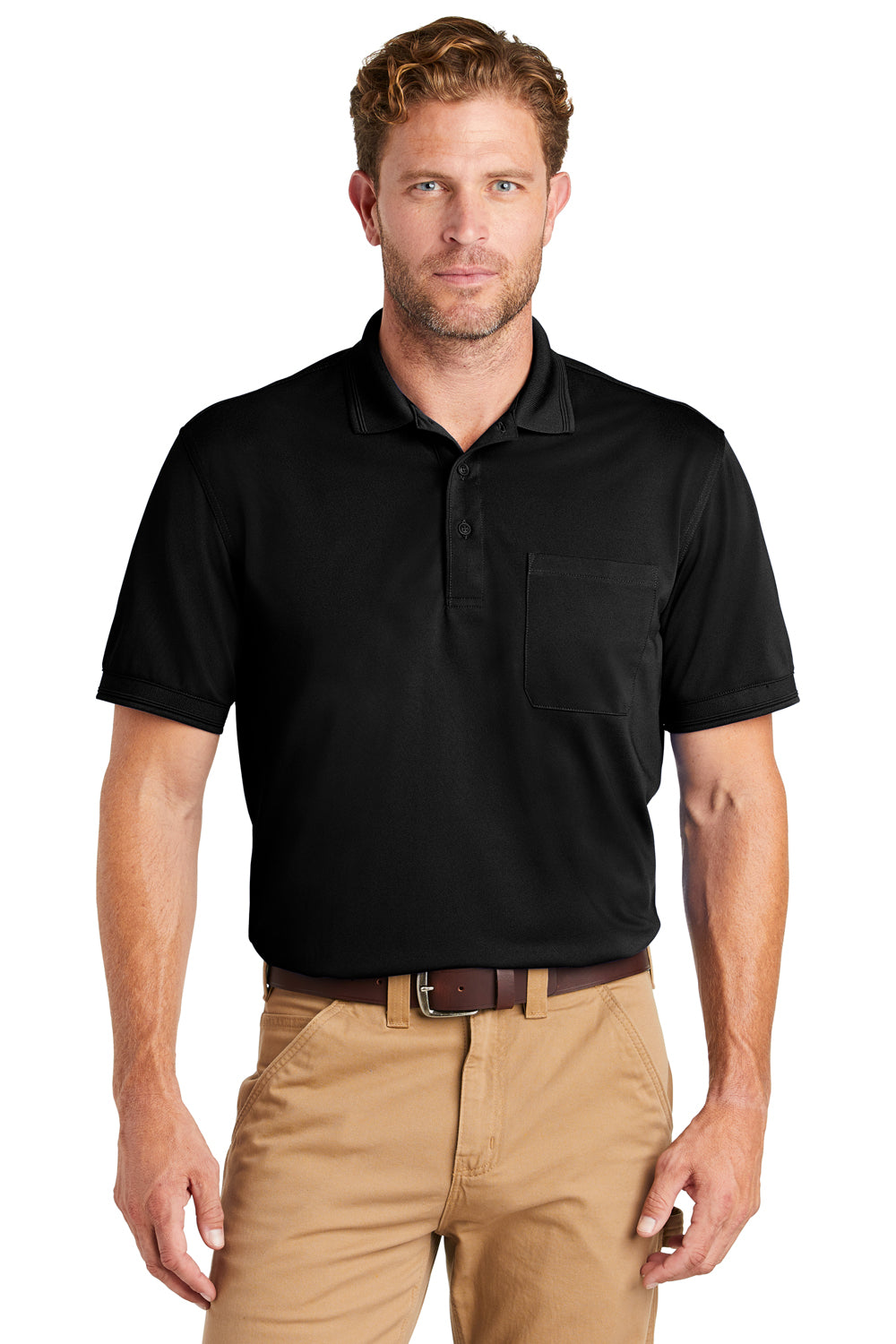 CornerStone CS4020P Mens Industrial Moisture Wicking Short Sleeve Polo Shirt w/ Pocket Black Model Front