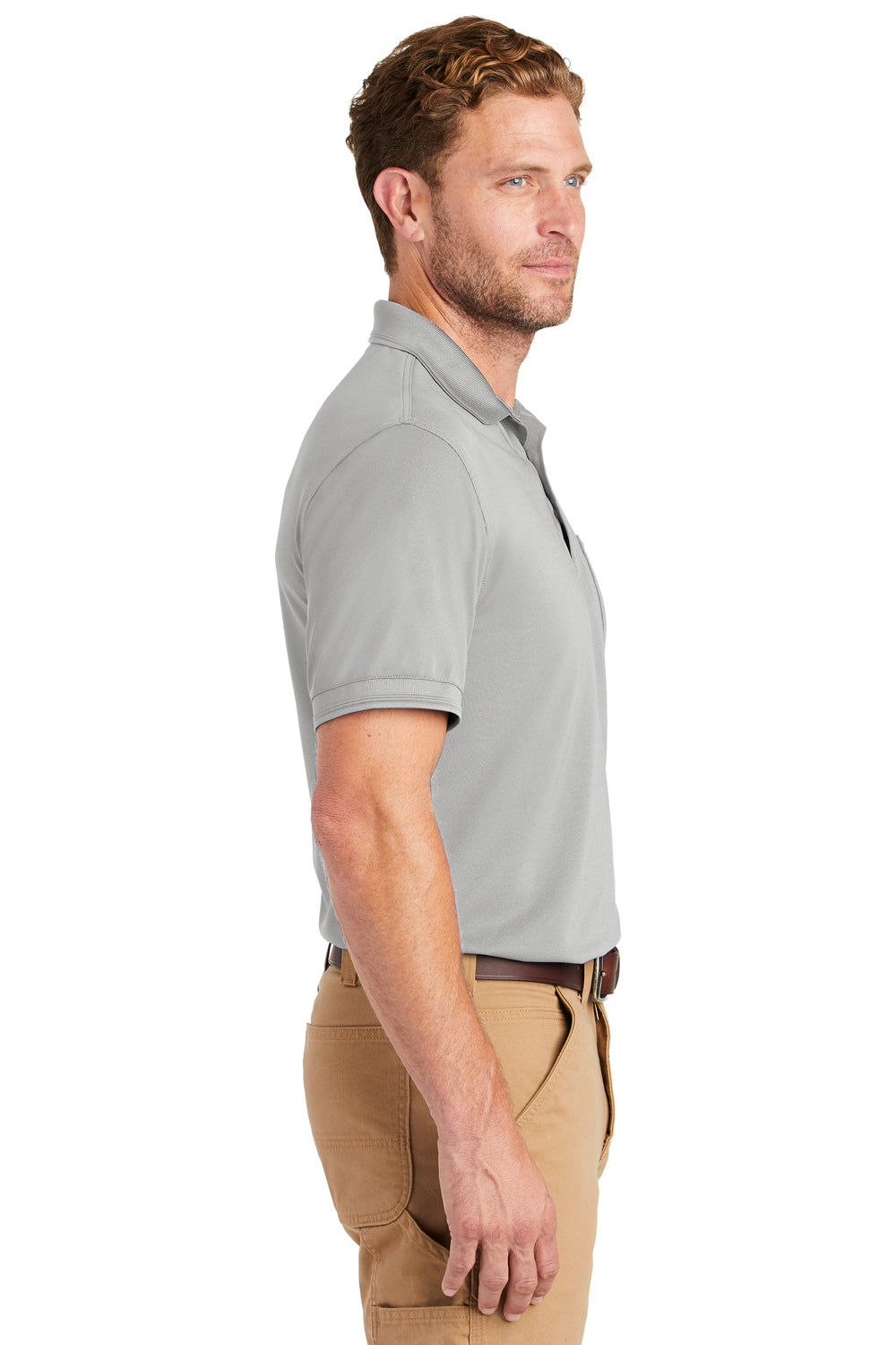 CornerStone CS4020P Mens Industrial Moisture Wicking Short Sleeve Polo Shirt w/ Pocket Light Grey Model Side