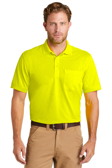 CornerStone CS4020P Mens Industrial Moisture Wicking Short Sleeve Polo Shirt w/ Pocket Safety Yellow Model Front