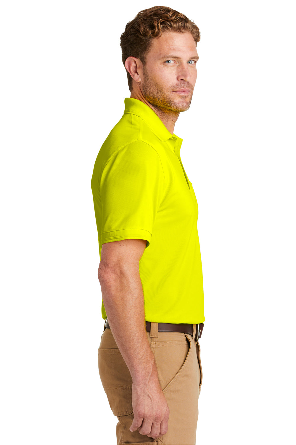 CornerStone CS4020P Mens Industrial Moisture Wicking Short Sleeve Polo Shirt w/ Pocket Safety Yellow Model Side