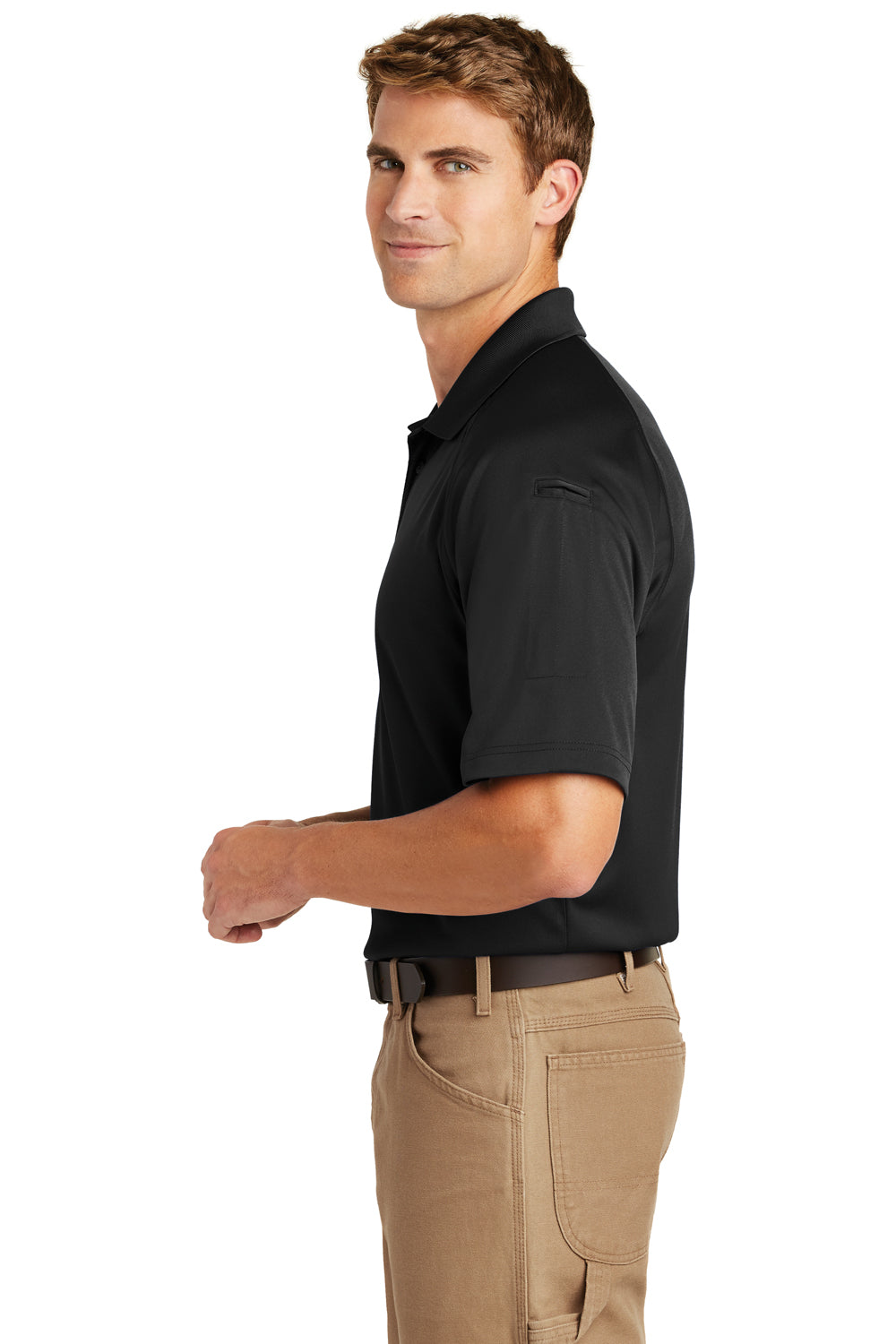 CornerStone CS410/TLCS410 Mens Select Tactical Moisture Wicking Short Sleeve Polo Shirt Black Model Side