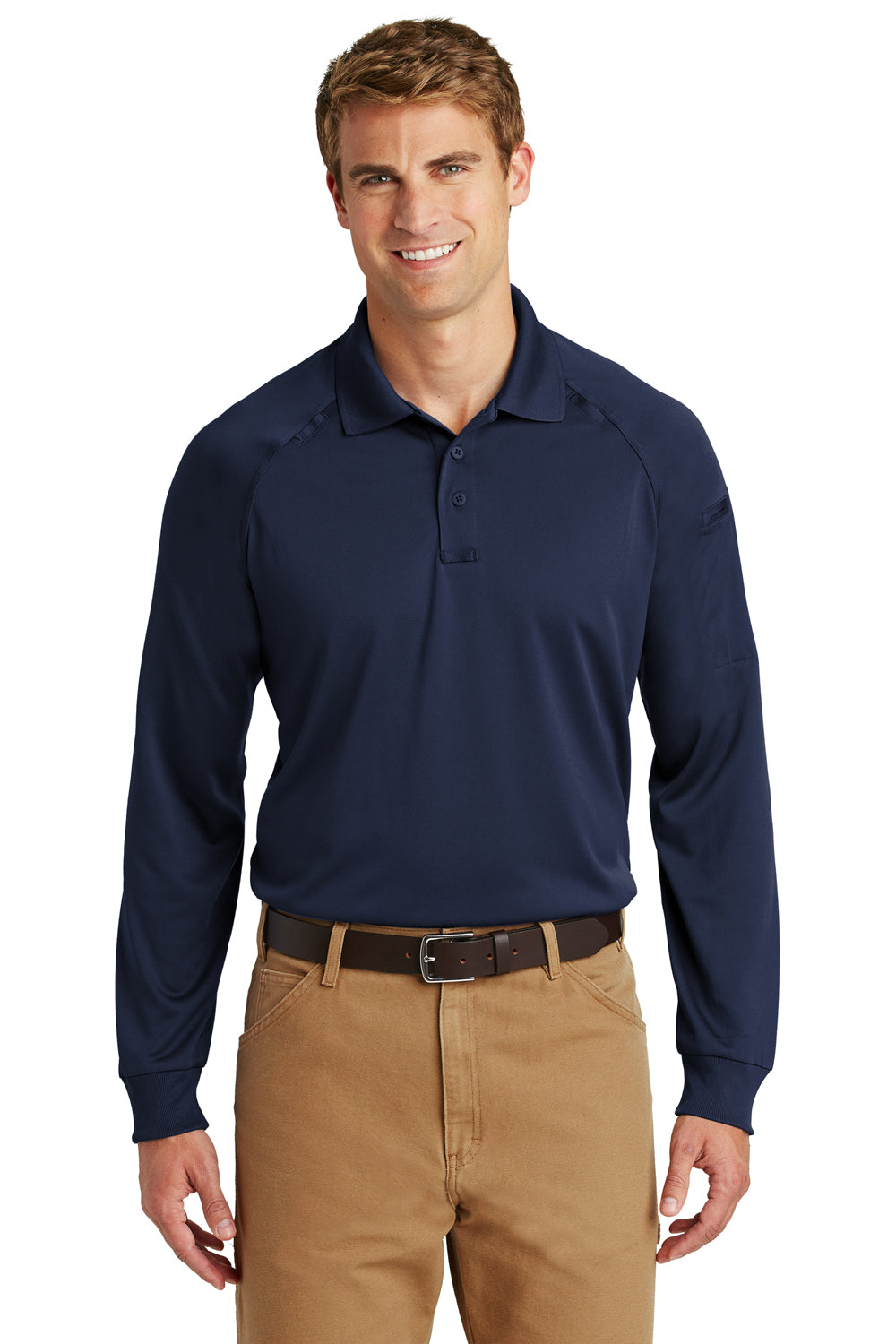 CornerStone CS410LS Mens Select Tactical Moisture Wicking Long Sleeve Polo Shirt Dark Navy Blue Model Front