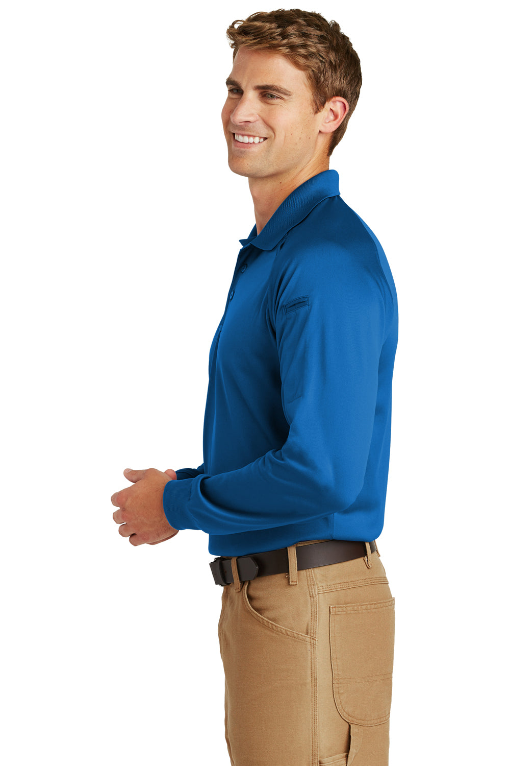 CornerStone CS410LS Mens Select Tactical Moisture Wicking Long Sleeve Polo Shirt Royal Blue Model Side