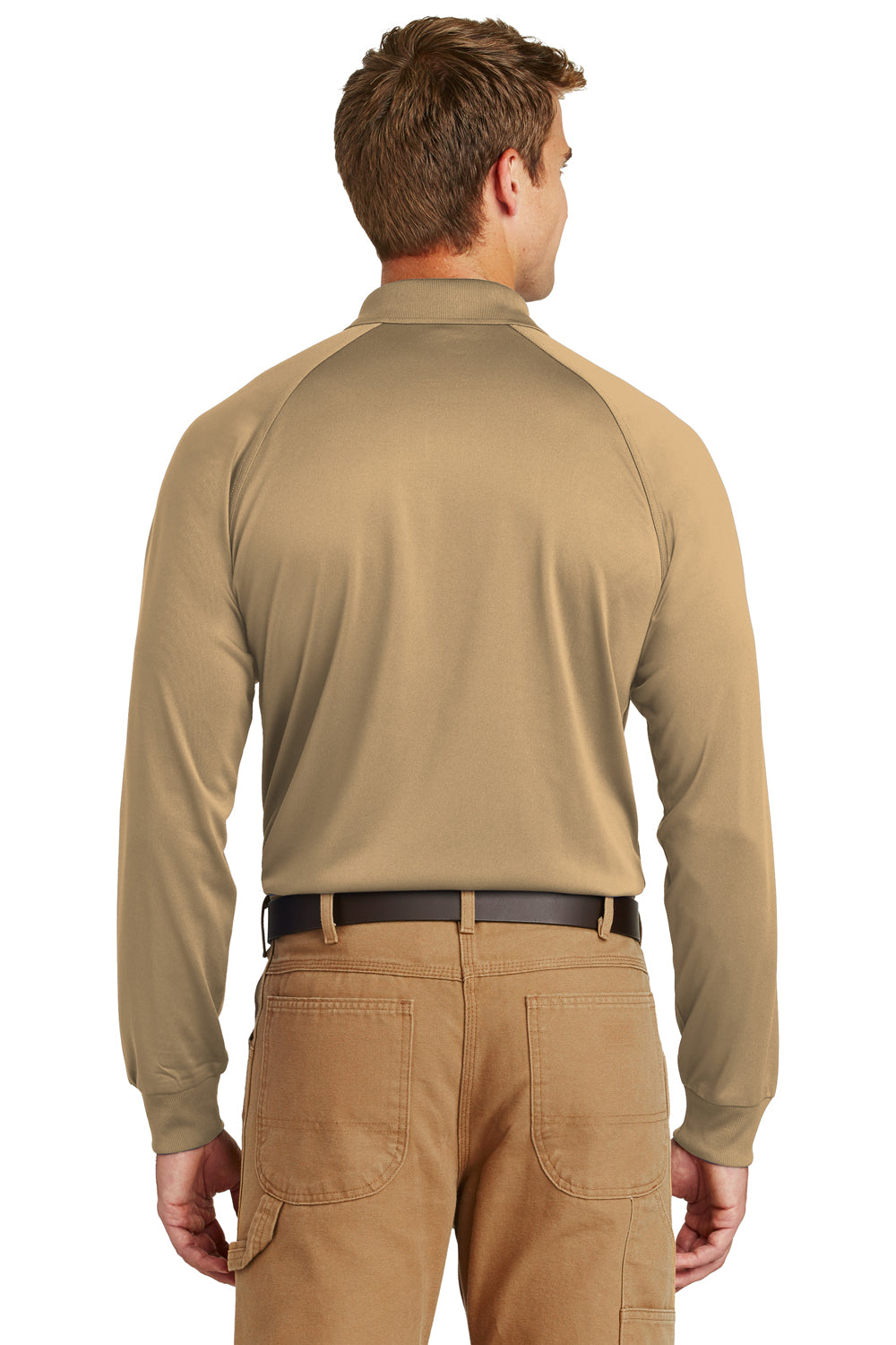 CornerStone CS410LS Mens Select Tactical Moisture Wicking Long Sleeve Polo Shirt Tan Model Back