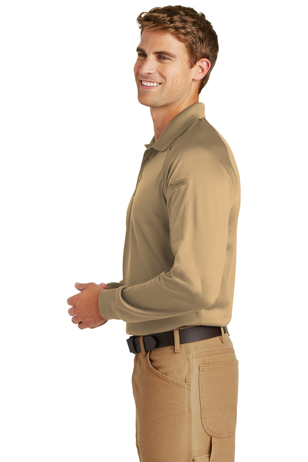 CornerStone CS410LS Mens Select Tactical Moisture Wicking Long Sleeve Polo Shirt Tan Model Side