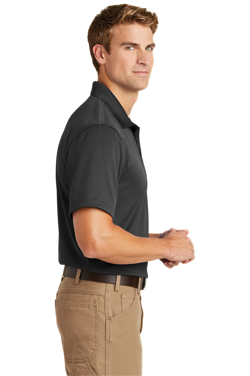 CornerStone CS412/TLCS412 Mens Select Moisture Wicking Short Sleeve Polo Shirt Charcoal Grey Model Side