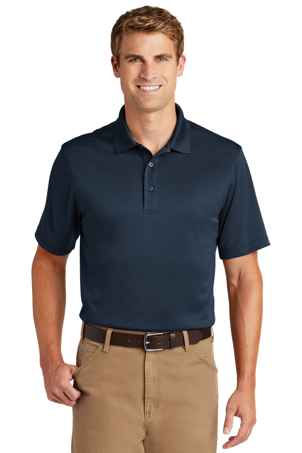 CornerStone CS412/TLCS412 Mens Select Moisture Wicking Short Sleeve Polo Shirt Dark Navy Blue Model Front