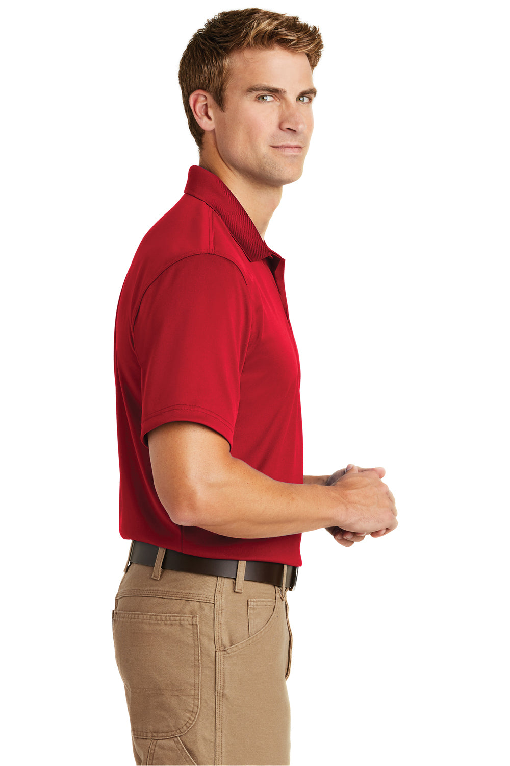 CornerStone CS412/TLCS412 Mens Select Moisture Wicking Short Sleeve Polo Shirt Red Model Side