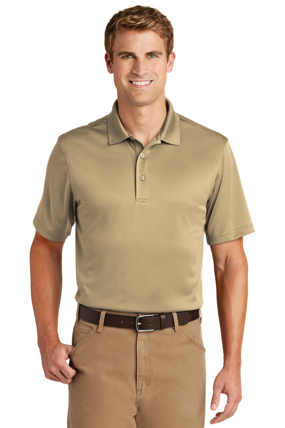 CornerStone CS412/TLCS412 Mens Select Moisture Wicking Short Sleeve Polo Shirt Tan Model Front