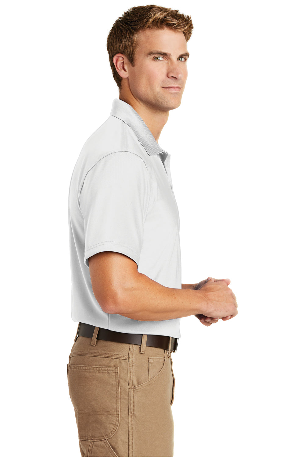 CornerStone CS412/TLCS412 Mens Select Moisture Wicking Short Sleeve Polo Shirt White Model Side