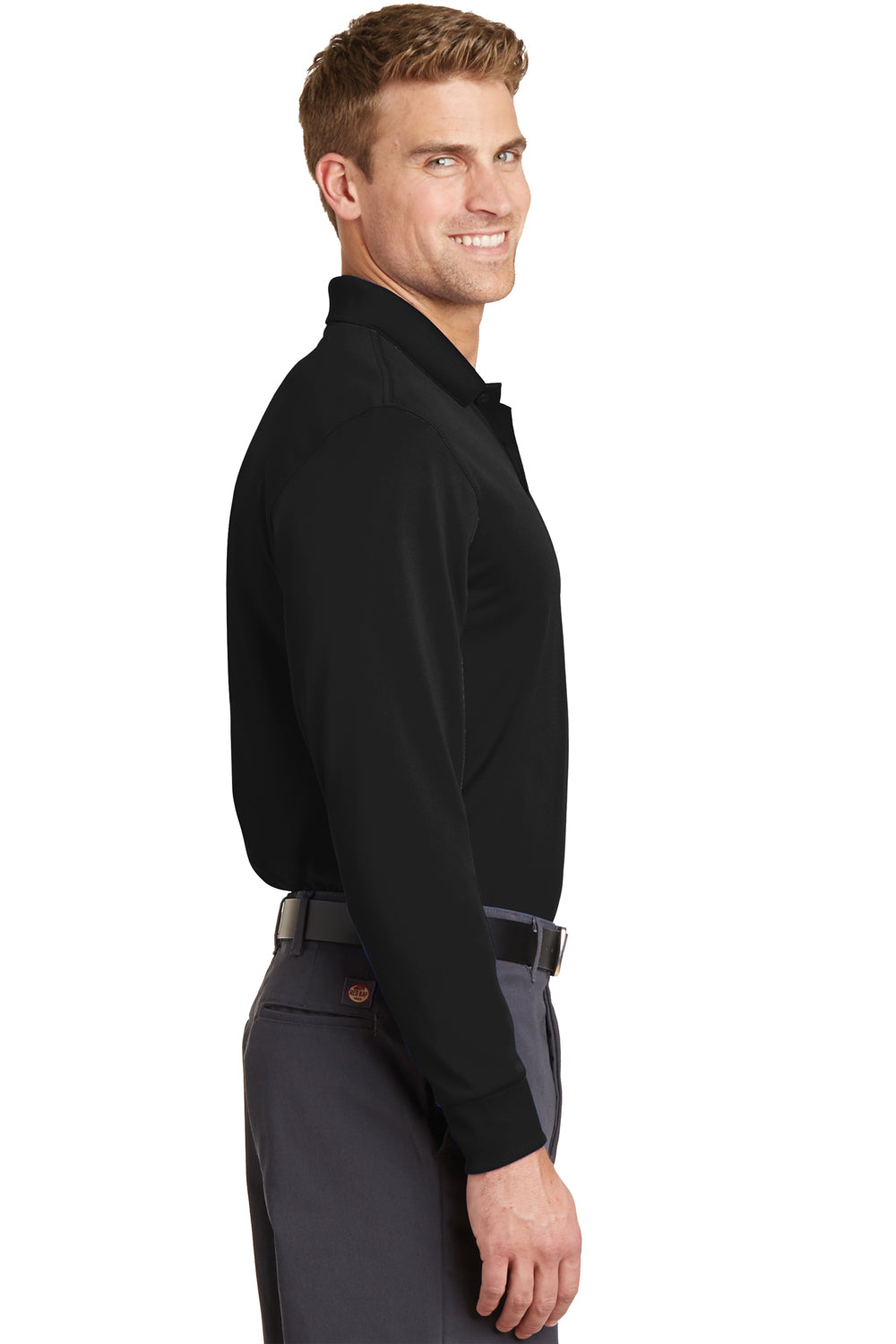 CornerStone CS412LS Mens Select Moisture Wicking Long Sleeve Polo Shirt Black Model Side