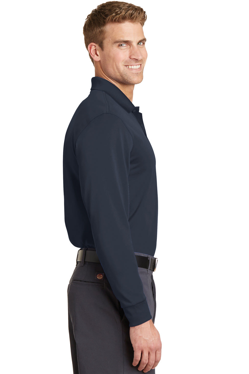 CornerStone CS412LS Mens Select Moisture Wicking Long Sleeve Polo Shirt Dark Navy Blue Model Side