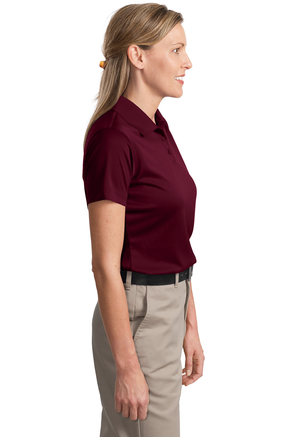 CornerStone CS413 Womens Select Moisture Wicking Short Sleeve Polo Shirt Maroon Model Side