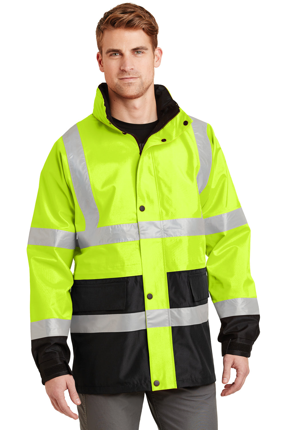 CornerStone CSJ24 Mens ANSI 107 Class 3 Waterproof Full Zip Hooded Jacket Safety Yellow Model Front