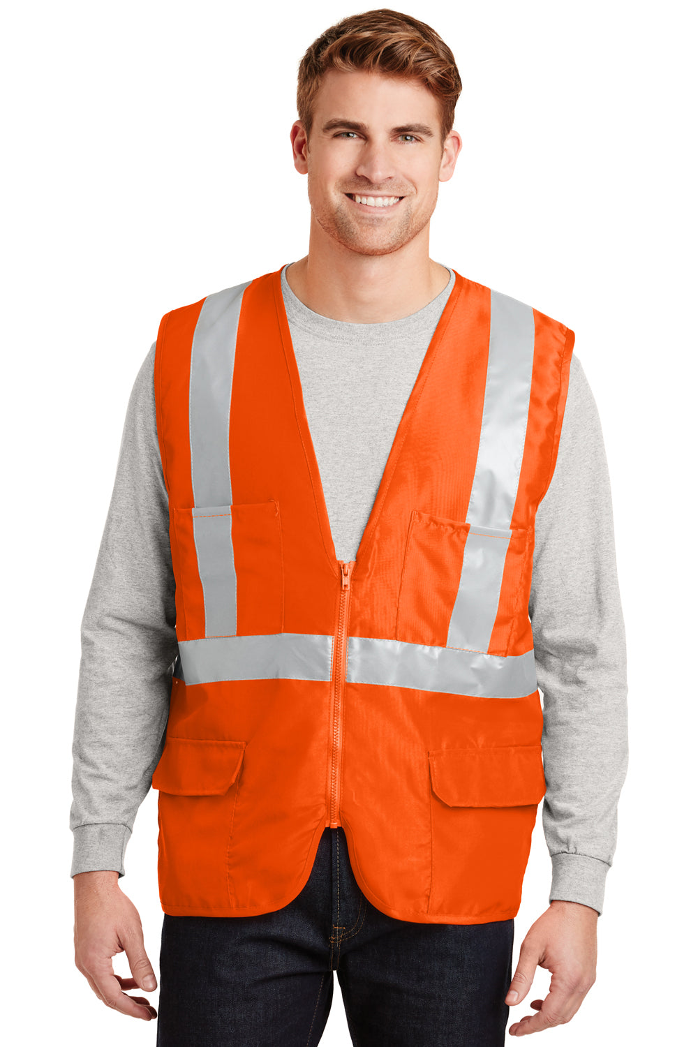 CornerStone CSV405 Mens ANSI 107 Class 2 Safety Full Zip Vest Safety Orange Model Front