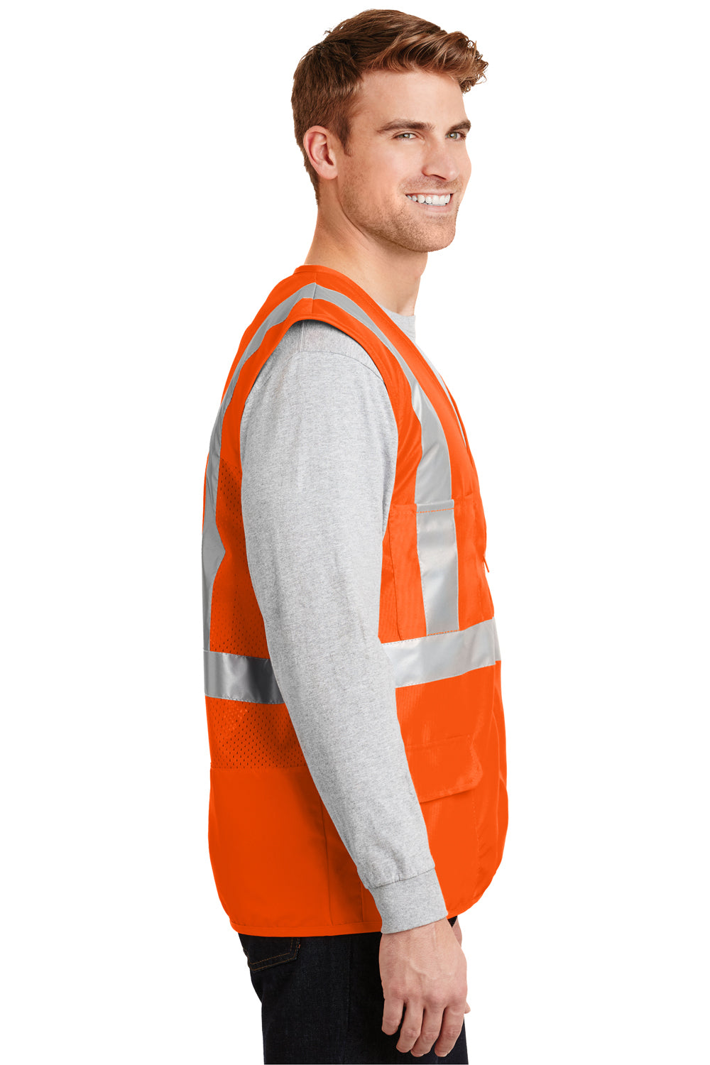 CornerStone CSV405 Mens ANSI 107 Class 2 Safety Full Zip Vest Safety Orange Model Side