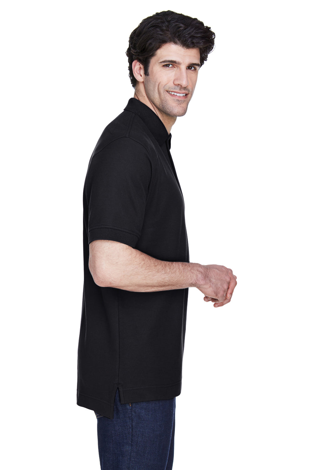 Devon & Jones D100 Mens Short Sleeve Polo Shirt Black Model Side