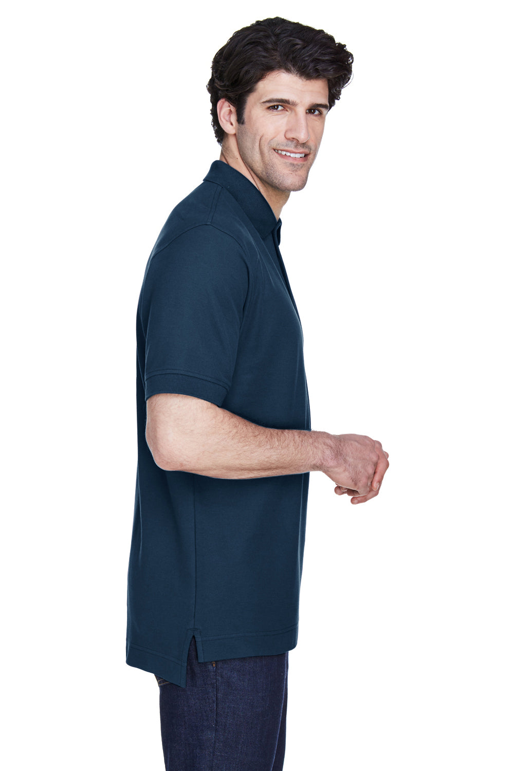 Devon & Jones D100 Mens Short Sleeve Polo Shirt Navy Blue Model Side