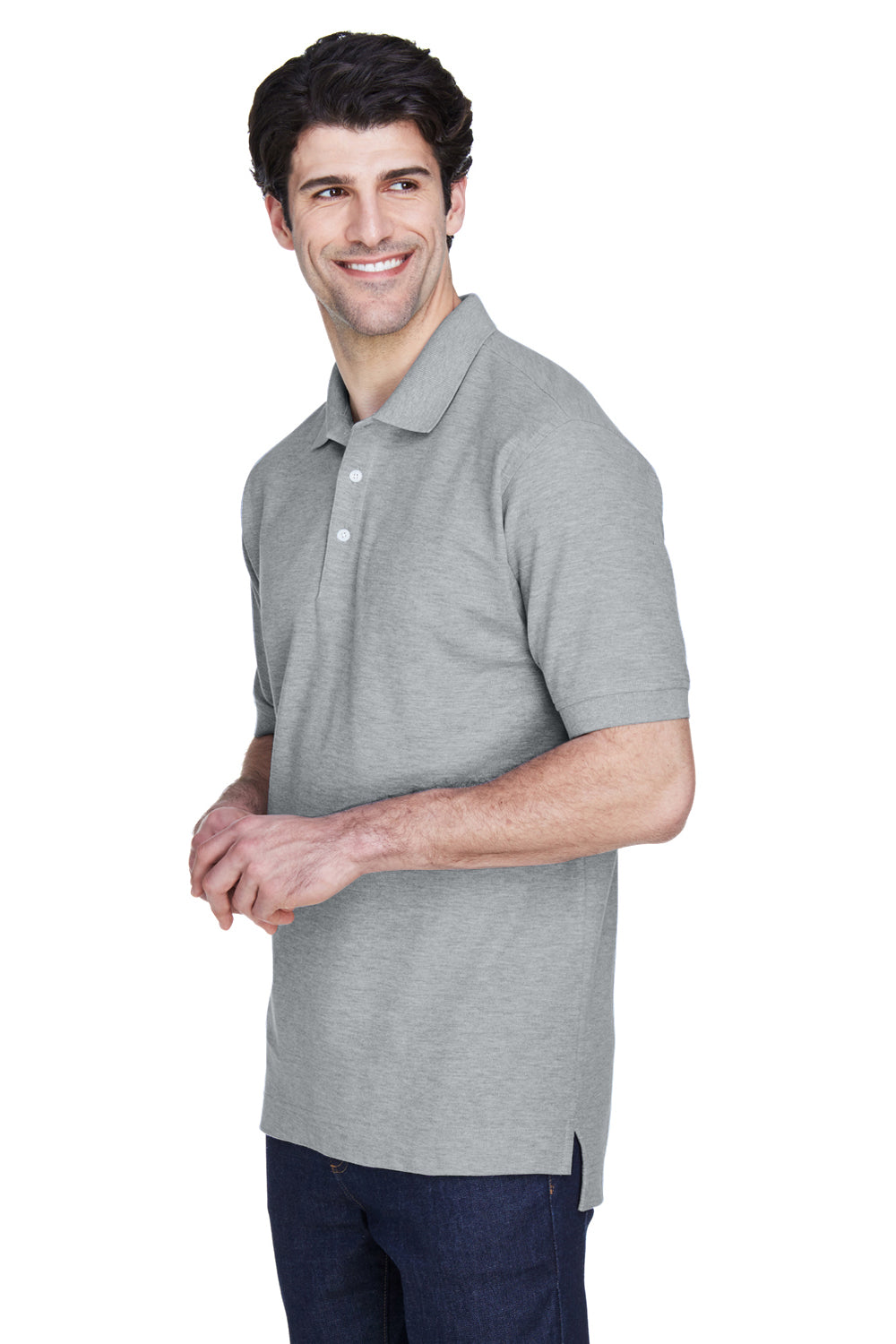 Devon & Jones D100 Mens Short Sleeve Polo Shirt Heather Grey Model 3q