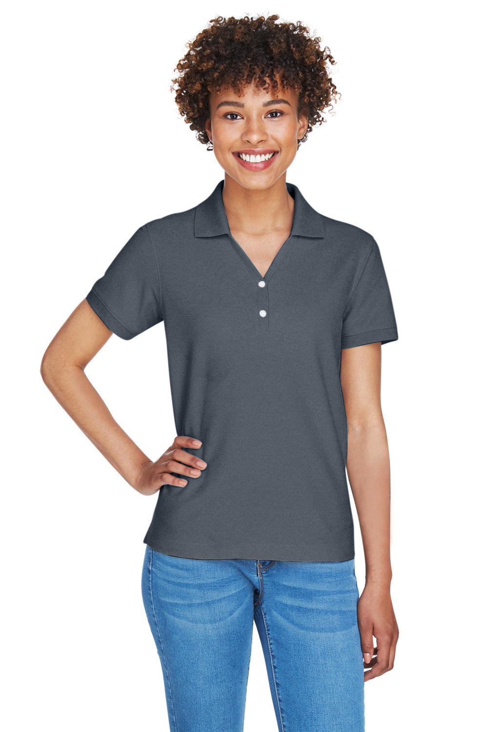 Devon & Jones D100W Womens Short Sleeve Polo Shirt Graphite Grey Model Front