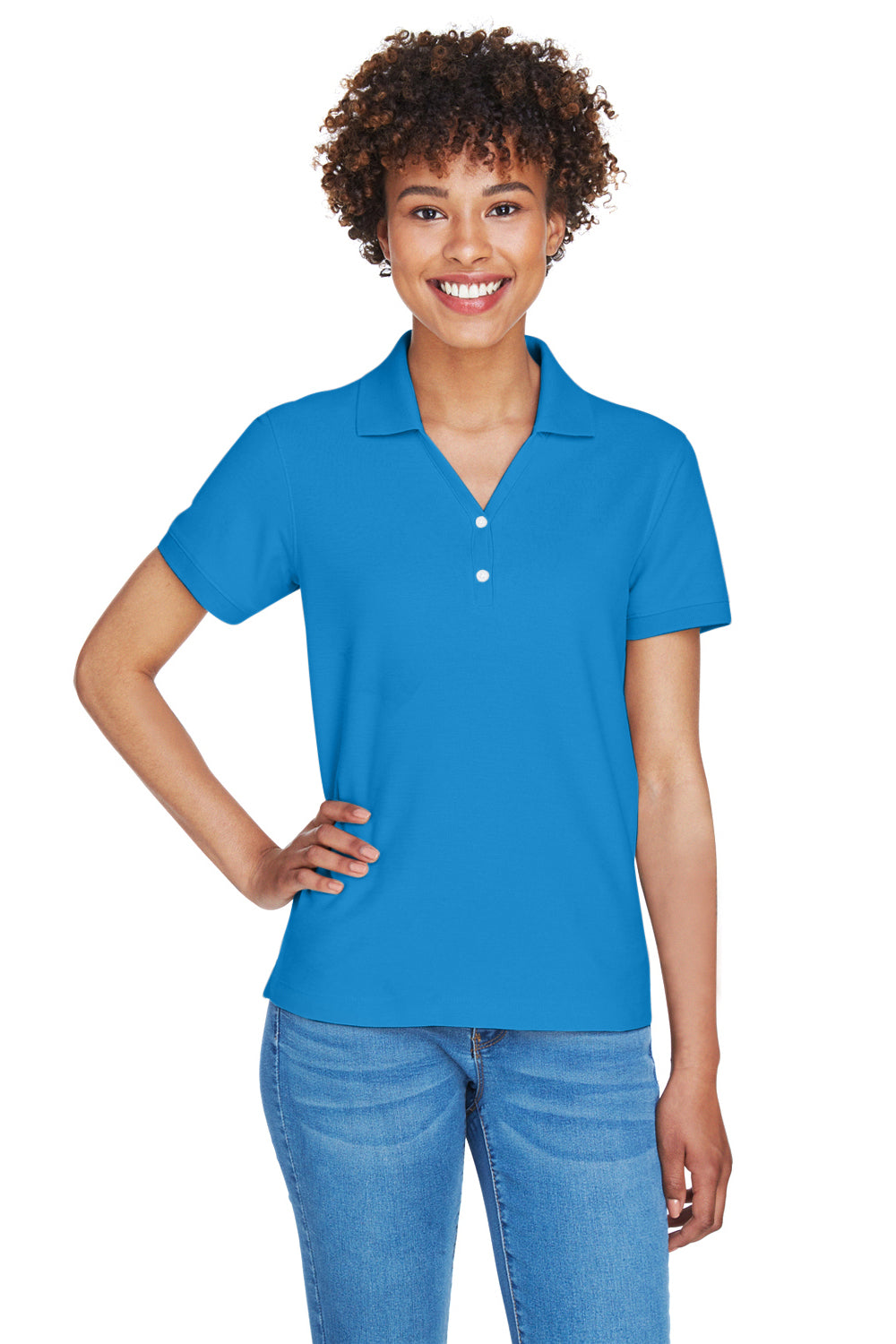 Devon & Jones D100W Womens Short Sleeve Polo Shirt French Blue Model Front