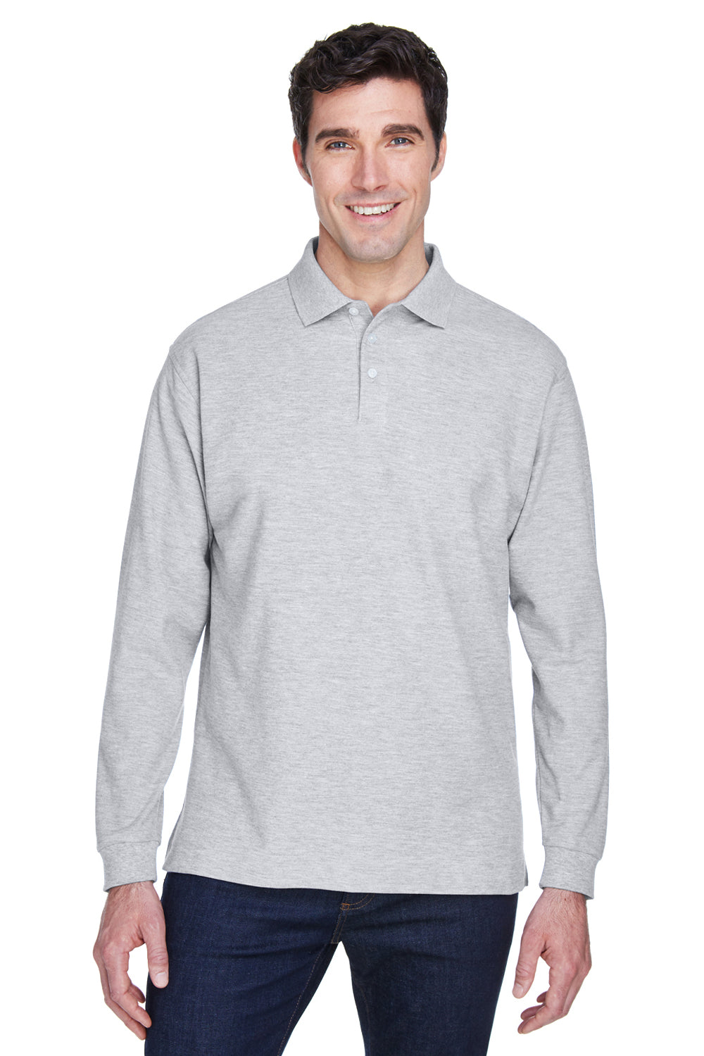 Devon & Jones D110 Mens Long Sleeve Polo Shirt Heather Grey Model Front