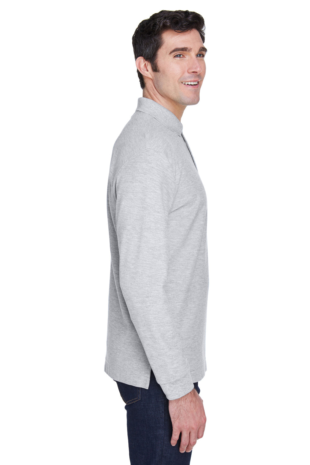 Devon & Jones D110 Mens Long Sleeve Polo Shirt Heather Grey Model Side