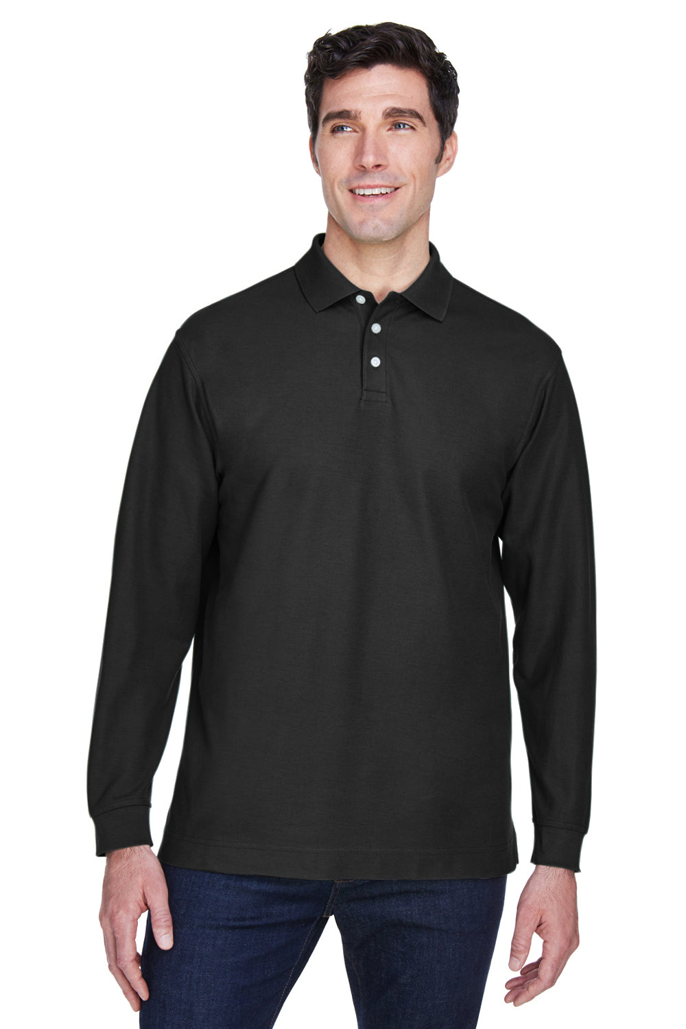 Devon & Jones D110 Mens Long Sleeve Polo Shirt Black Model Front