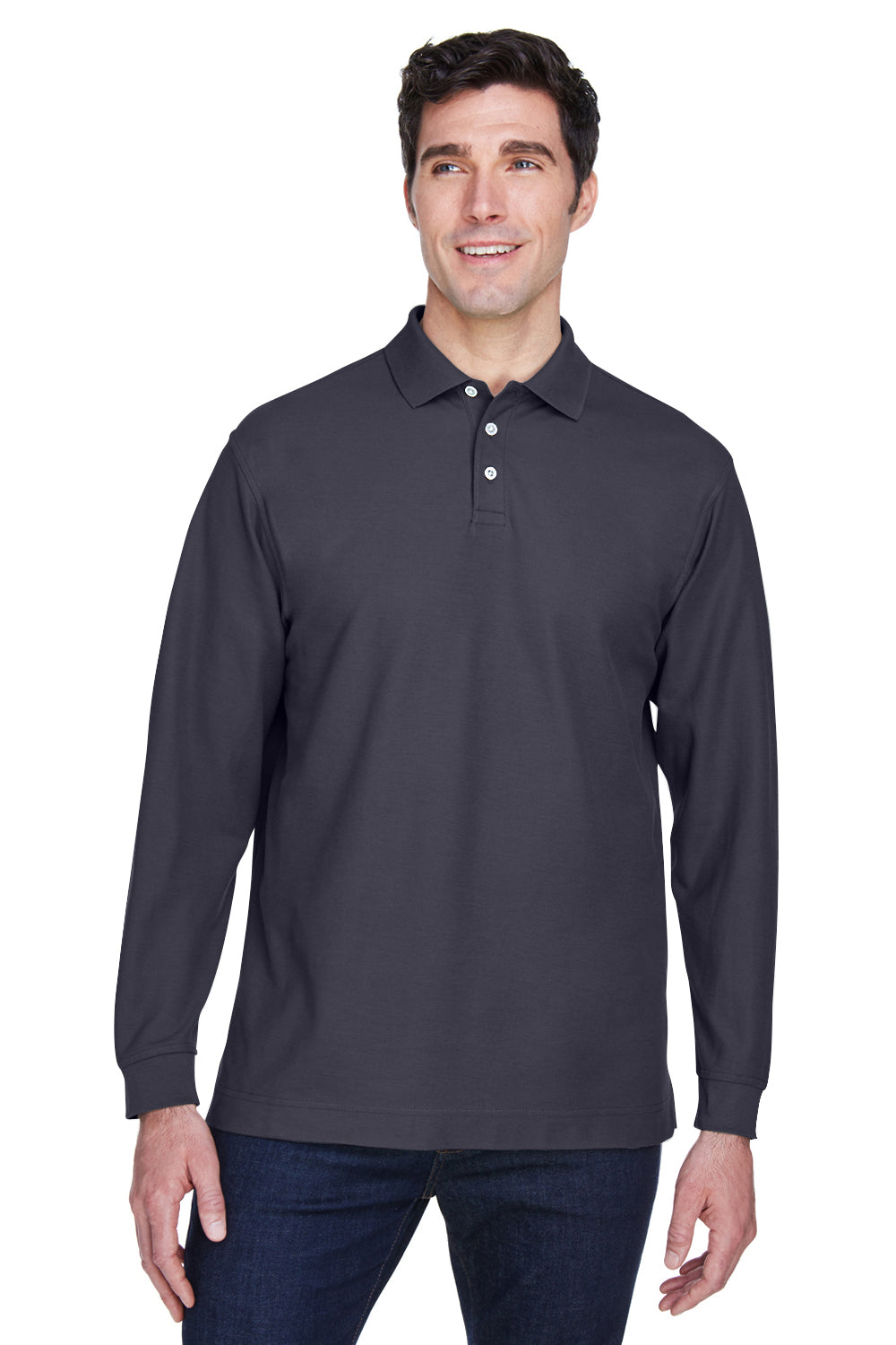 Devon & Jones D110 Mens Long Sleeve Polo Shirt Navy Blue Model Front